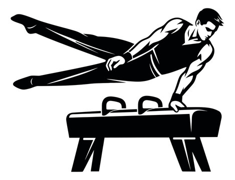 Graphic illustration of a male gymnast depicting a routine on a pommel horse for competitive sports