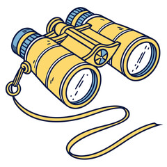 A pair of vintage binoculars with a leather strap resting on a wooden surface