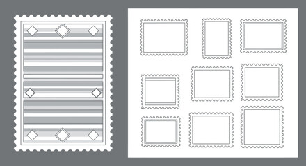 Obraz premium A detailed illustration of a postage stamp with a decorative border and striped pattern, alongside a collection of blank stamp outlines.