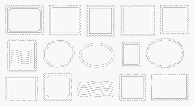 Collection of various blank postage stamp outlines with decorative borders and wavy lines.