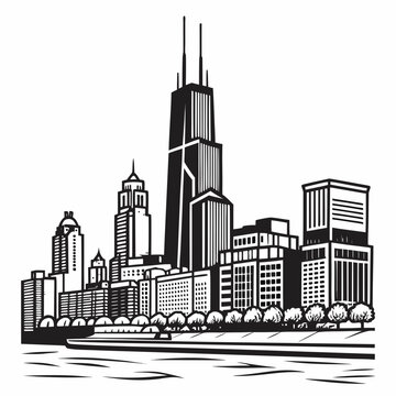 A detailed black and white illustration of the chicago skyline with prominent buildings