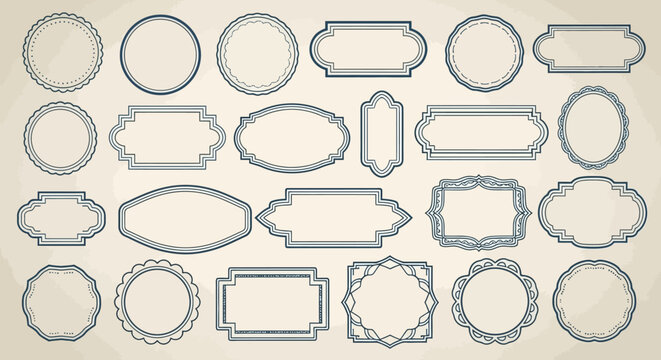 A collection of decorative ornamental frames and borders in various shapes and styles, presented on a textured background.