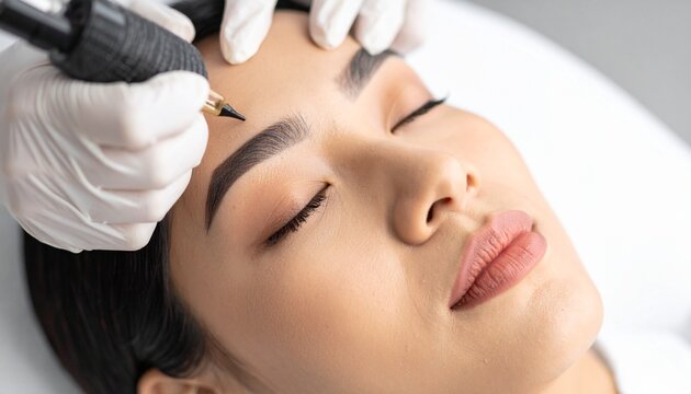 Woman undergoing cosmetic procedure with gloved hands holding device near eyebrow