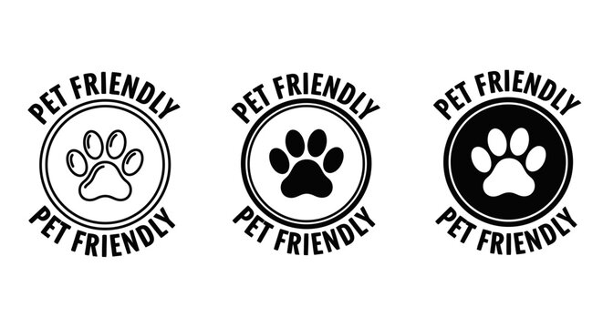 Three circular icons indicating a pet-friendly environment, featuring a paw print in the center and the text "PET FRIENDLY" around it.