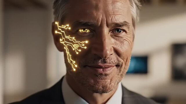 Professional man smiling with digital circuitry design on his face in a modern office setting