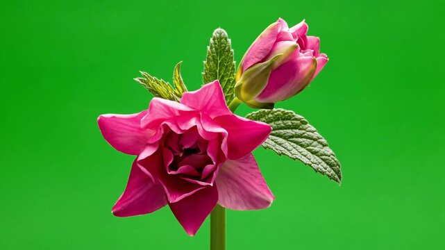 A video showcases a close-up view of a vibrant pink hellebore flower with green leaves on a solid green background, highlighting its unique shape and color in this video content.