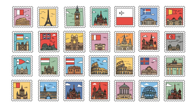 A collection of postage stamps featuring iconic landmarks and flags from various European countries.