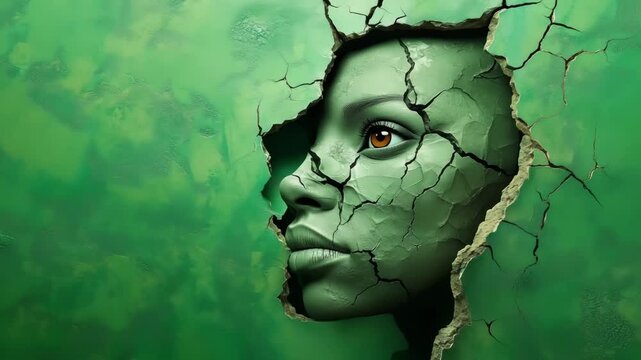 A woman&rsquo;s face is depicted breaking through a green wall with cracks in an artistic display