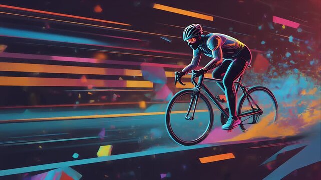 Futuristic cyclist racing through neon geometric shapes, expressing speed, energy, and innovation with vibrant colors, ideal for sports tech, fitness branding, and dynamic ads.