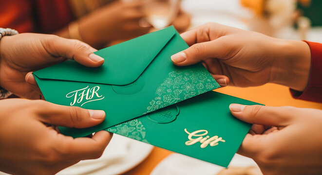 Group of hands sharing green gift envelopes, traditional Eidi or THR distribution for Islamic holiday celebrations.