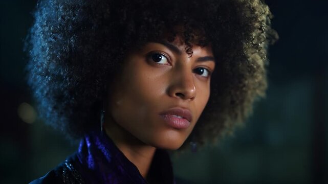A captivating portrait featuring a woman with striking curly hair and a focused expression, evoking a sense of mystery and depth in a visually rich, atmospheric setting that invites contemplation.
