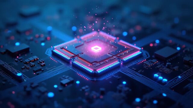 Quantum computer processor with glowing qubits, superconducting circuits, futuristic technology, blue cooling chamber, advanced computing