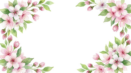 Elegant Watercolor Cherry Blossom Frame with Pink Sakura Flowers and Spring Greenery; Delicate Floral Border with Copy Space for Wedding Invitations