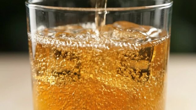 A refreshing drink being poured into a glass filled with ice, captured in a close-up shot