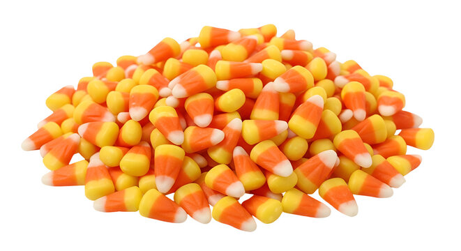 Pile of orange yellow and white striped candy corn on black background