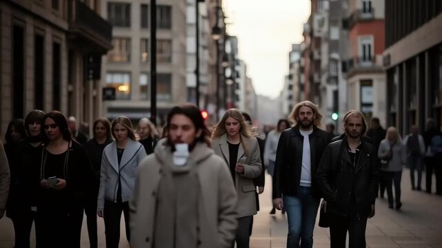 Crowd of People Walking Down City Street.