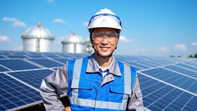 A smiling technician in safety gear stands near solar panels with blue sky background