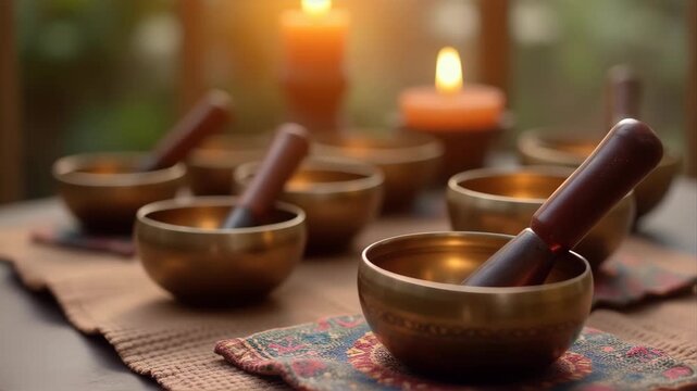 Tibetan singing bowls arranged, sound healing therapy, meditation instruments, vibrational wellness, acoustic therapy, spiritual healing, bronze bowls