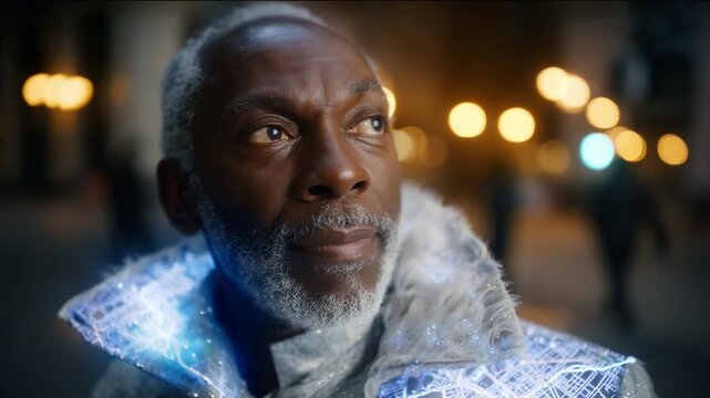 A Thoughtful Individual in a Futuristic Sparkling Coat Gazes Into the Distance as Urban Lights Illuminate the Surroundings, Capturing a Moment of Reflection and Wonder in the Nighttime Cityscape