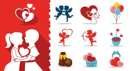 Valentine's day icons and symbols hearts cupid love romance gifts balloons festive holiday celebration couple affection sweetheart cherry blossoms bouquets chocolate cake
