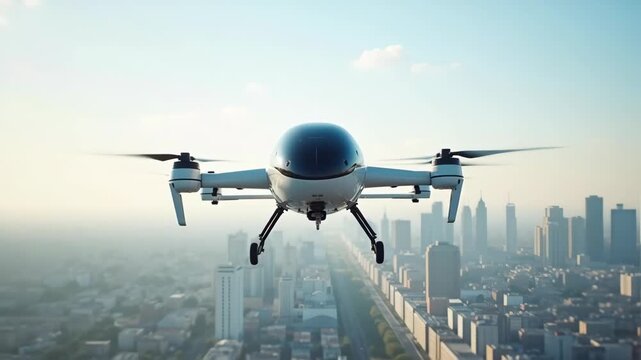 Flying electric taxi in sky, urban air mobility, eVTOL aircraft, futuristic transportation