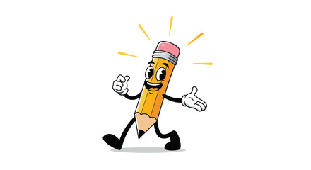 Energetic cartoon pencil character with a friendly face and limbs walking happily in a classic 1930s rubber hose animation style.
