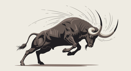 Fototapeta premium Powerful dark brown bull charging forward with head down and sharp horns in a dynamic and energetic vector action illustration.