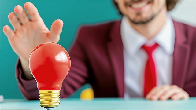 Red light bulb on table with man in suit and red tie reaching out hand symbolizing creativity innovation idea business and creative thinking