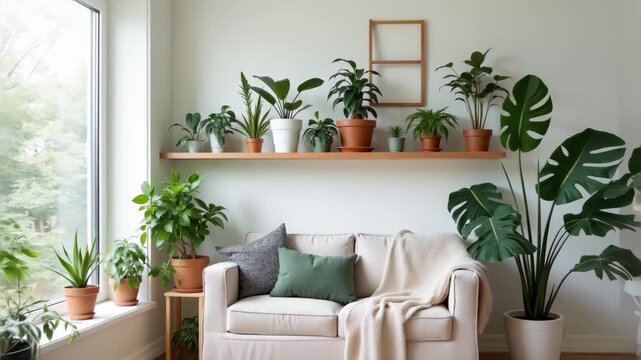 Indoor plant collection shelves arranged, fiddle leaf fig monstera varieties, urban jungle interior decoration, botanical home styling trendy, green living space natural
