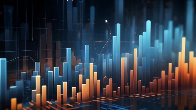 Glowing blue and orange data bars rise in a digital space, symbolizing growth and insight, perfect for finance, analytics, business strategy, technology presentations, and corporate visuals.