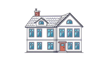 Fototapeta premium Two story residential house with a chimney and many windows stands as a cozy home for a family in a suburban neighborhood setting.