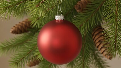 Fototapeta premium Festive Holiday Ornament Accentuating Evergreen Sprigs and Cones Close-up View