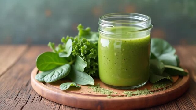 Fresh green smoothie glass mason jar, kale spinach healthy ingredients, wooden cutting board backdrop, vitamin nutrition wellness concept, organic detox drink