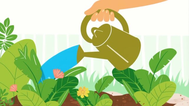 Hand holding a watering can watering green plants in the garden, flat vector illustration.