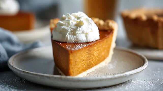 Slice of pumpkin pie served with whipped cream on a plate during a fall gathering around Thanksgiving time