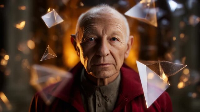 A captivating portrayal of a contemplative elder captured amidst a dynamic interplay of light and fragmented geometric shapes, embodying wisdom 