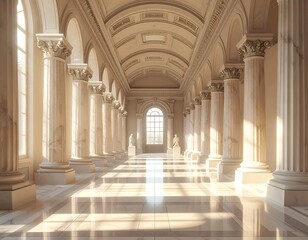 Obraz premium A long, empty hallway with high ceilings and large windows