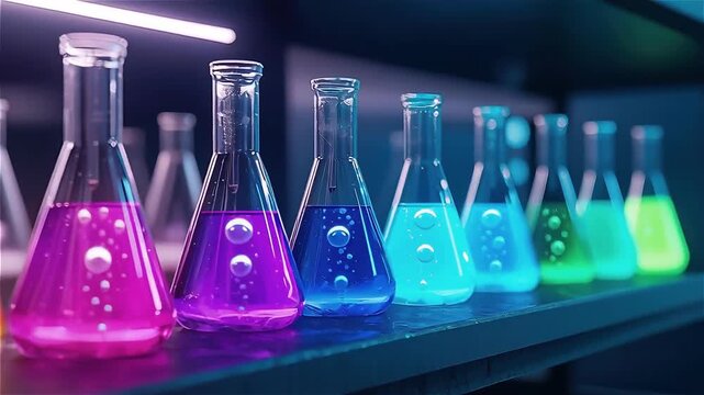 Colorful chemical solutions laboratory glass flasks arranged row dark surface creating vibrant and scientific atmosphere with glass experiment