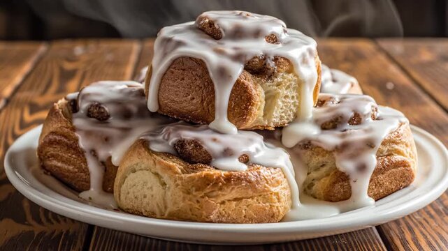 Sweet Indulgence - A Tower of Glazed Cinnamon Rolls on Rustic Wood.
