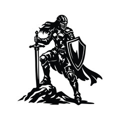 Female knight warrior illustration, black and white silhouette art