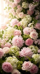 Romantic flower abundance showcases pink roses and delicate peonies arrangement