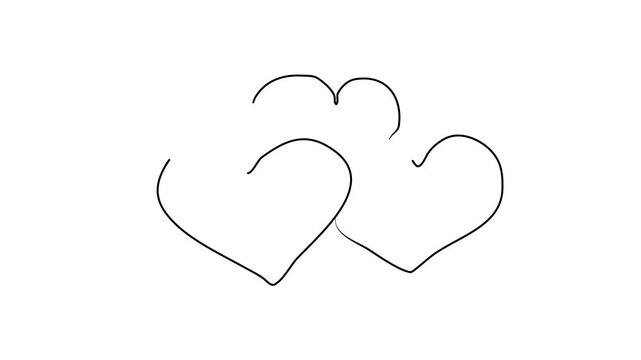 Love triangle, 3 hearts. Contour drawing, silhouett animation. Video 4k object illustration self-drawing. Minimalist continuous line drawing silhouette on a white background new