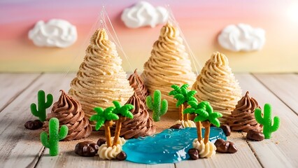 Sweet dessert landscape with candy trees and a sugar river on wooden table
