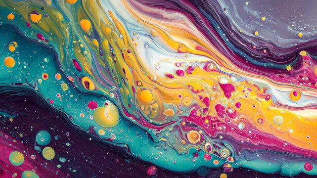Bright colors mix in a swirling pattern on a canvas showing abstract art created in a studio during daytime