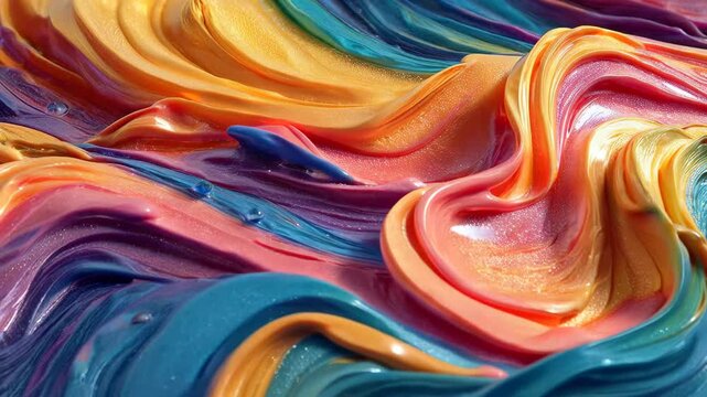 Colorful swirls of paint on canvas create an abstract design showing vibrant blue, orange, pink, and yellow tones during daylight