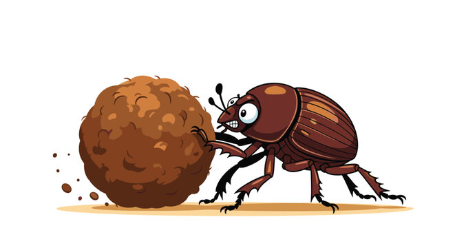 Hardworking brown dung beetle pushing a large ball of earth with great effort and a determined look on a white background.