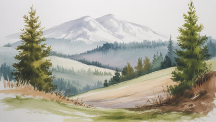 Watercolor Mountain Landscape with Pine Trees and Misty Forest © Kusum
