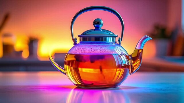 Glass teapot with warm brew and colorful lighting on a surface