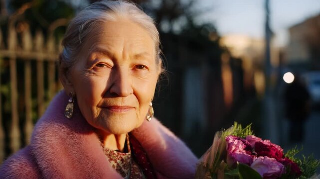 An elegant older woman dressed in a luxurious pink fur coat, holding a vibrant bouquet of flowers, stands radiantly in the golden light of sunset, showcasing her timeless beauty  