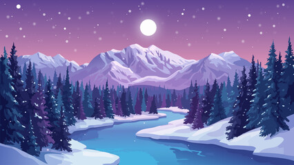 Winter Night Mountain Landscape with Moon, Snowy Forest and River © Kusum
